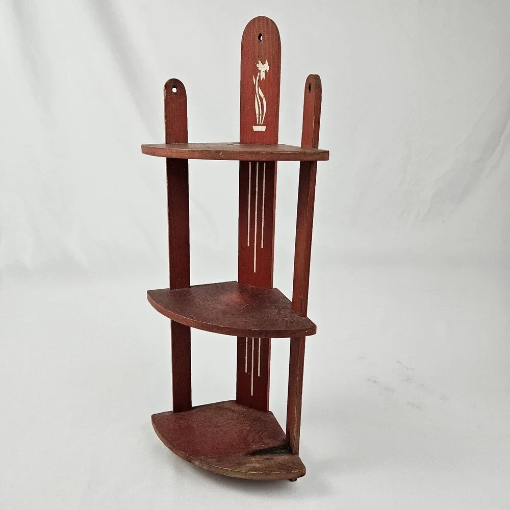 Vintage Corner Shelf 3 Tier What Not Display Wall or Counter Wooden Red Art Deco
